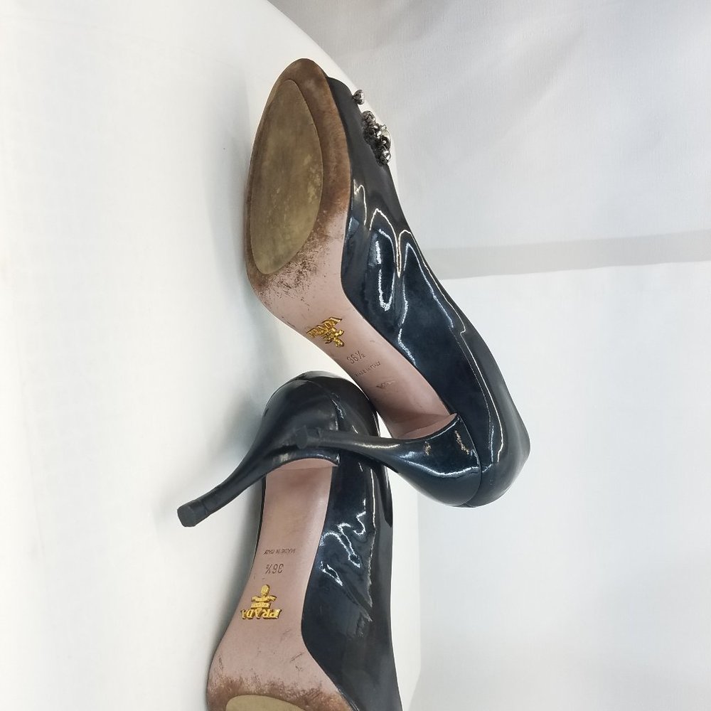 Prada Black Patent Leather Jeweled Peep-Toe Heels - Picture 8 of 9